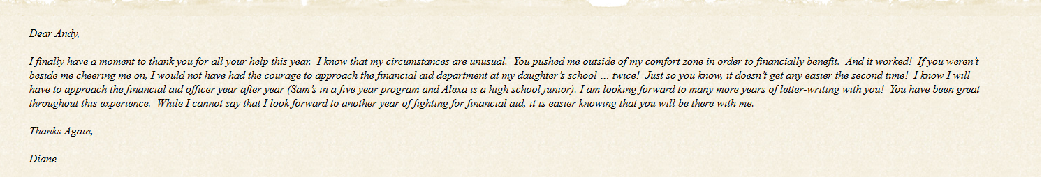 Handwritten-style thank-you note from a Lockwood parent, Diane, about winning financial aid